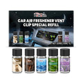 Car air freshener refill liquid pack showing five 10ml bottles in different fragrance variants for vent clip diffusers
