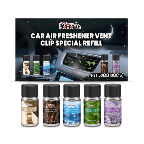 Car air freshener refill liquid pack showing five 10ml bottles in different fragrance variants for vent clip diffusers