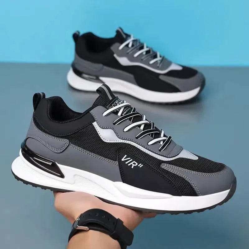 Men's colour block mesh lace-up sneakers in grey on a white background