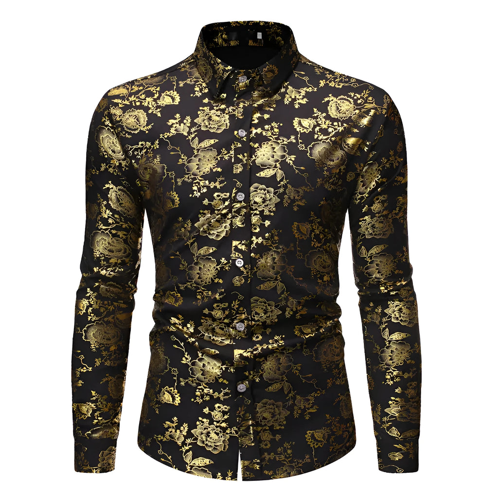Men's casual shirt with metal bronzing printed lapel design in wine red colour showing regular fit and long sleeves