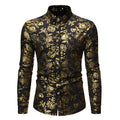 Men's casual shirt with metal bronzing printed lapel design in wine red colour showing regular fit and long sleeves