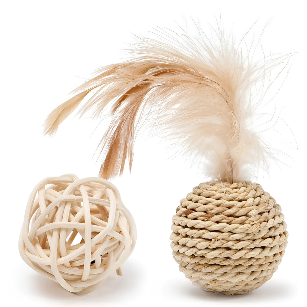 Cat toy set showing rattan ball with bell and faux feather ball for interactive pet play