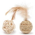 Cat toy set showing rattan ball with bell and faux feather ball for interactive pet play