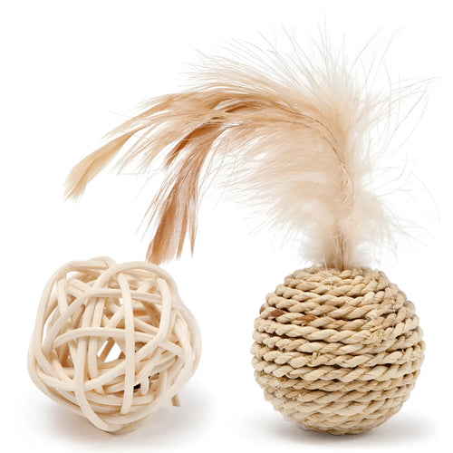 Cat toy set showing rattan ball with bell and faux feather ball for interactive pet play