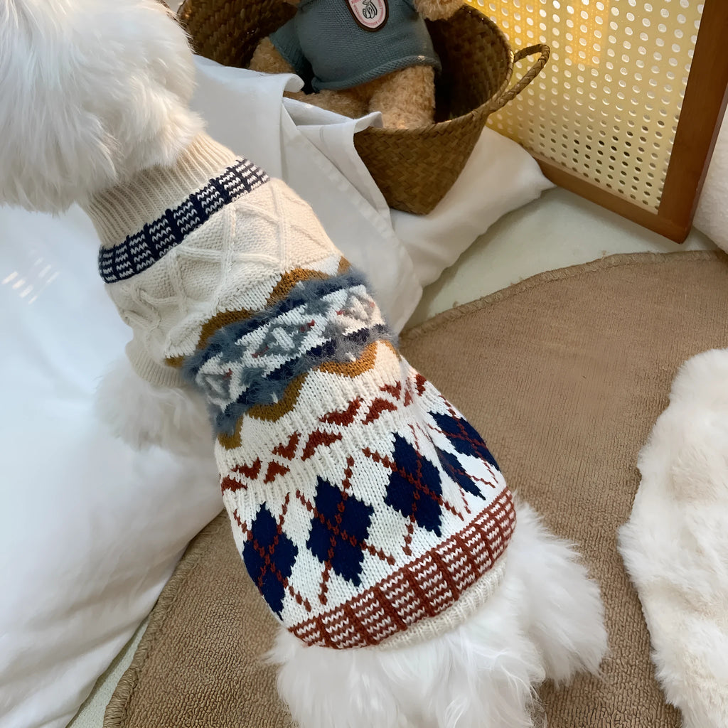 Twisted vintage diamond pattern acrylic dog sweater in British style for autumn and winter, available in sizes XS to XXL.