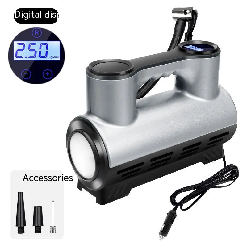 12V portable car tyre inflator pump with digital display, three air nozzles, and LED light on a black ABS body