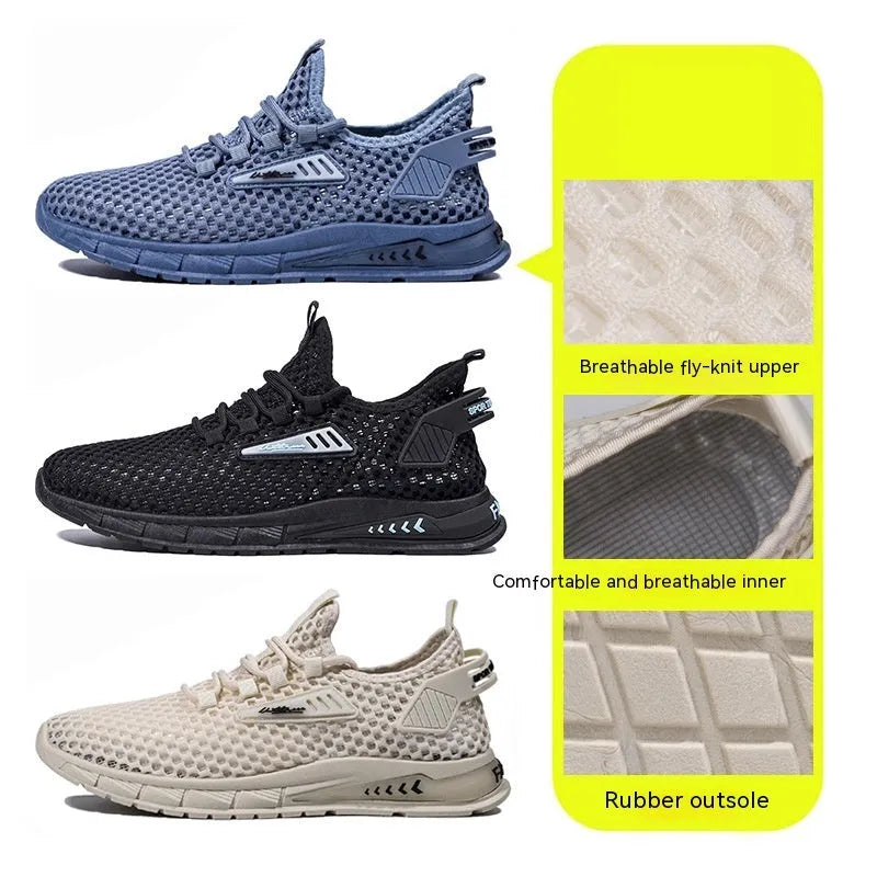 Men's beige synthetic leather and mesh sneaker with white EVA sole and lace-up front.