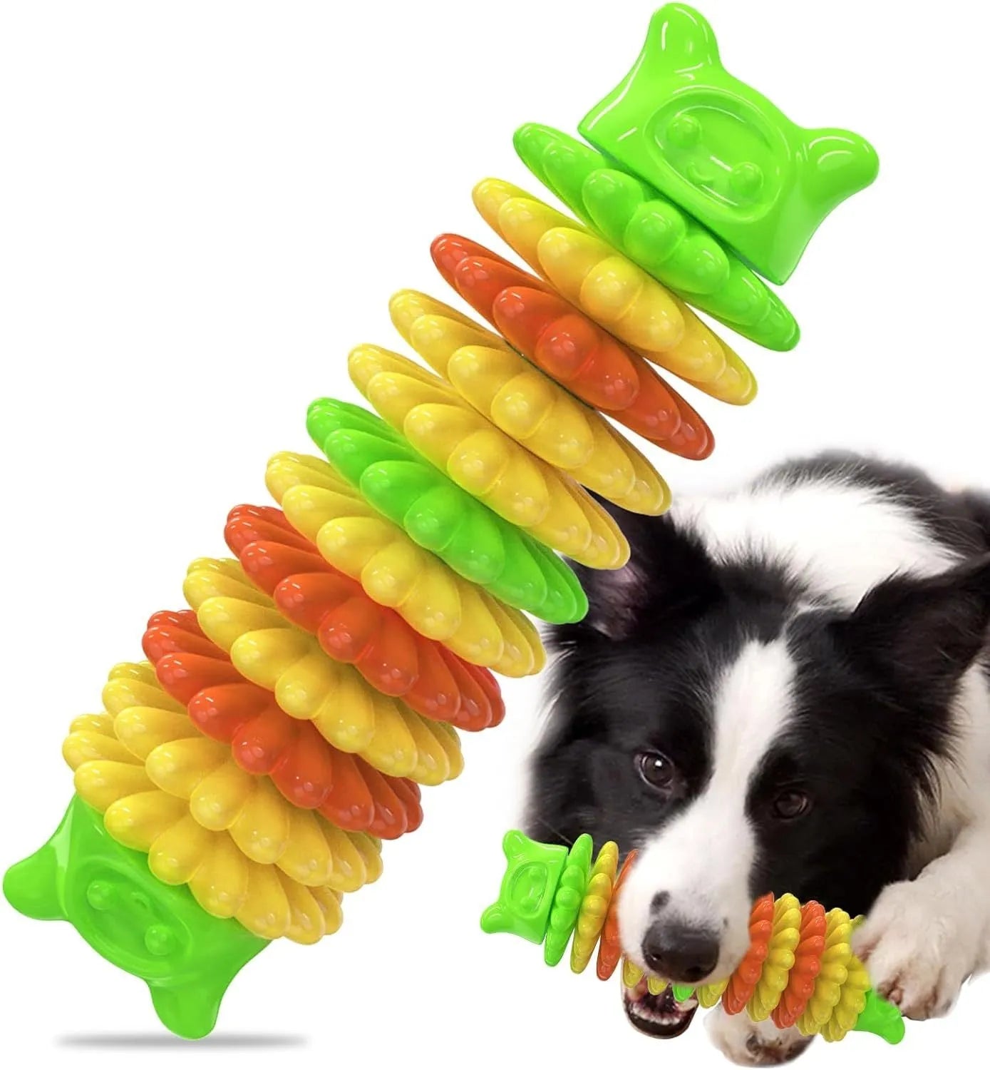 Blue rubber caterpillar-shaped dog chew toy for aggressive chewers on a plain background