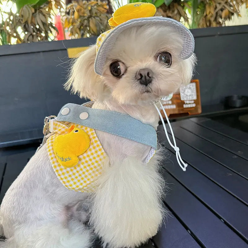 Three-piece pet harness and leash set with wire rope pulling and cute hat for cats and small dogs