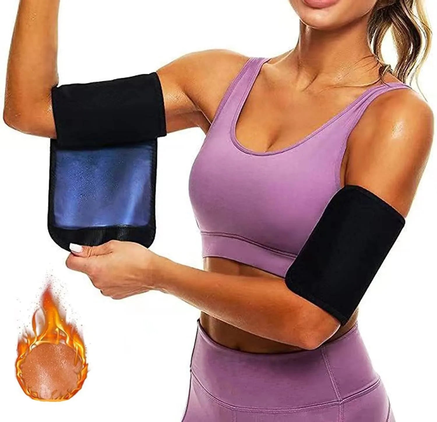 Blue and silver sports arm sweatband shown on an arm, with packaging showing black and red colour option.