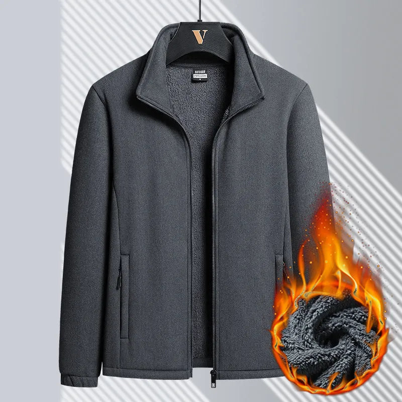 Men's grey Berber fleece cardigan coat with stand-up collar and zippered pockets