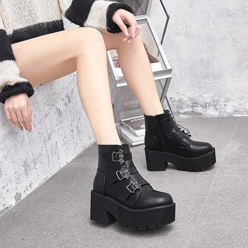 Black women's punk Martin boots with side zipper, bat buckle, and thick platform heel