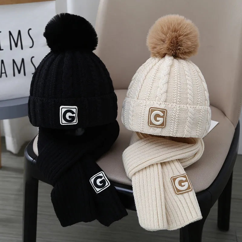 Boys' knitted fleece-lined hat and scarf set with no-top hat for babies 0-6 months
