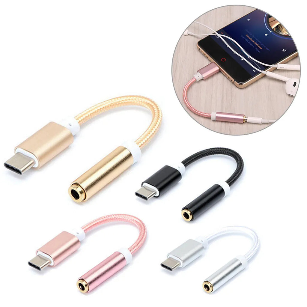 Weaving brand Type-C to 3.5mm female audio adapter cable with nylon braiding in four colour options.