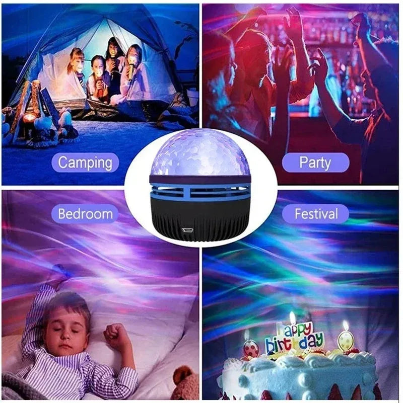 Compact USB-powered LED lamp projecting rotating colourful stars and galaxies onto a dark wall.