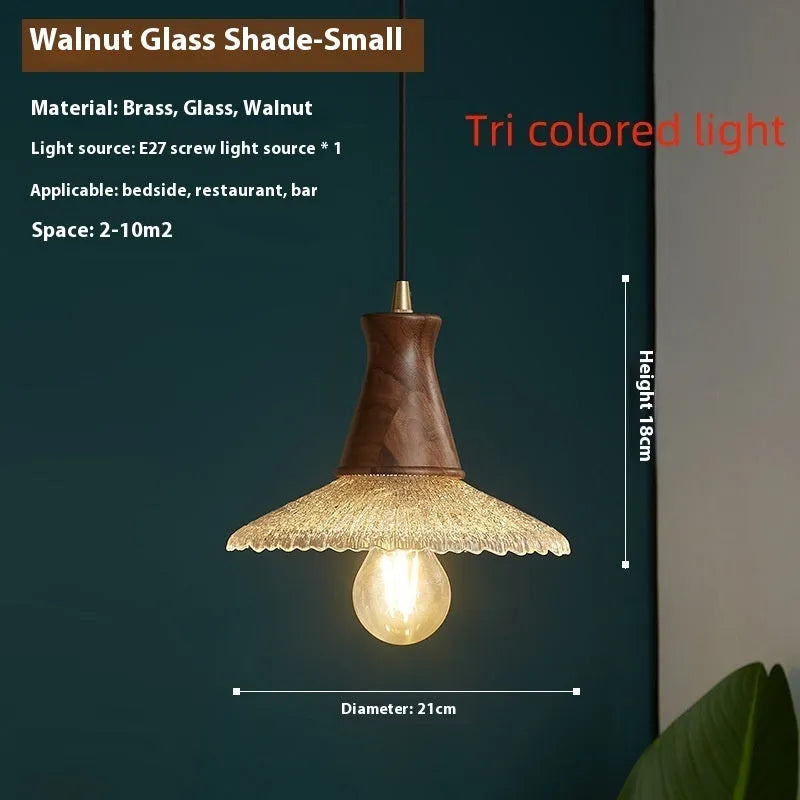 Retro-style brass and glass chandelier with wood body for ceiling mounting in restaurants.
