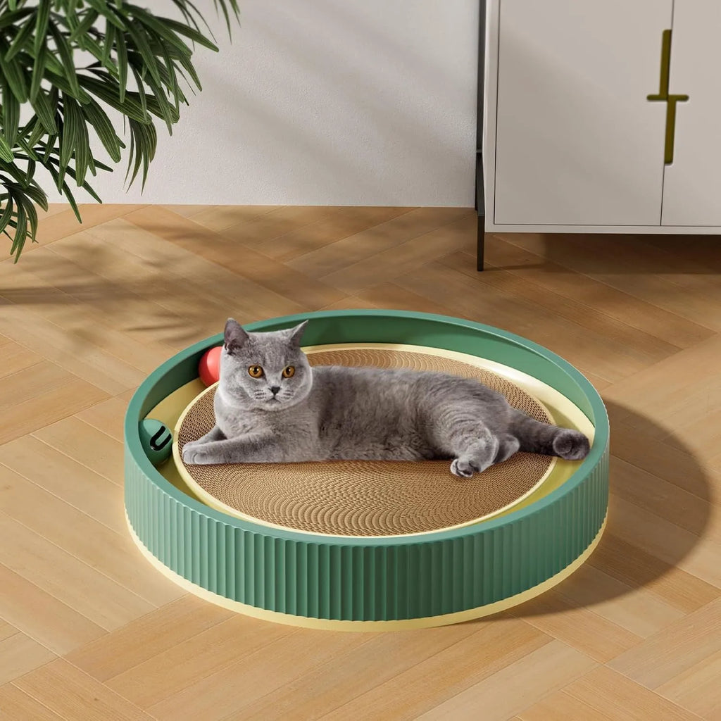 Large circular cardboard cat scratching board with integrated bell toys and refillable core