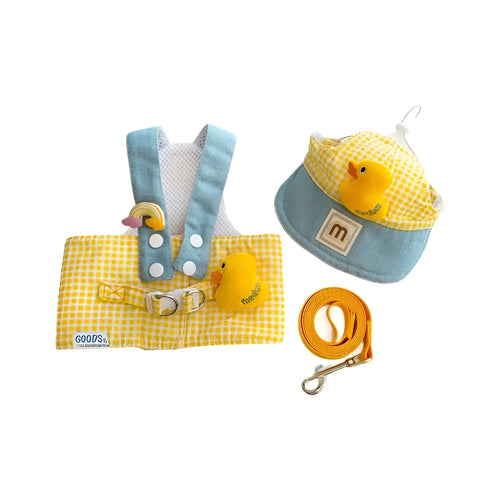 Three-piece pet harness and leash set with wire rope pulling and cute hat for cats and small dogs