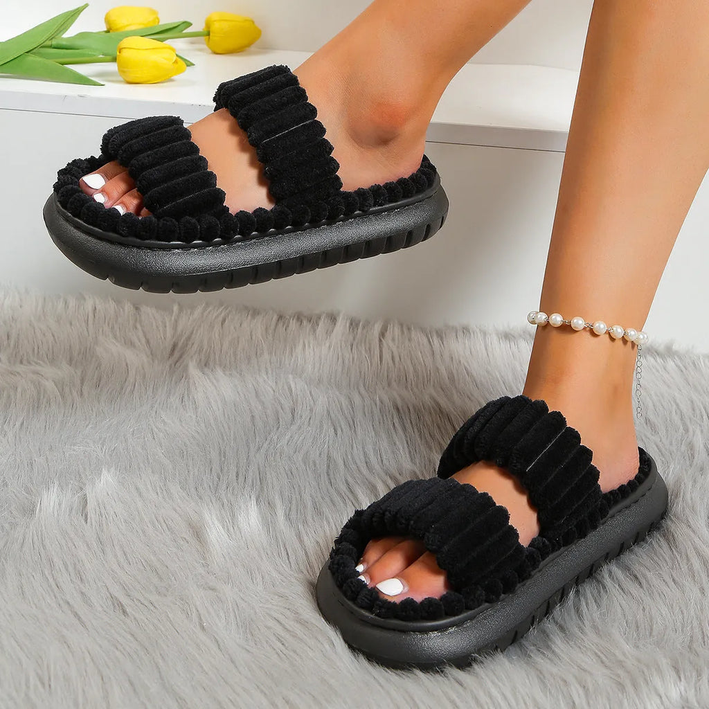Soft lamb wool women's cotton slippers in black with plush upper and EVA sole