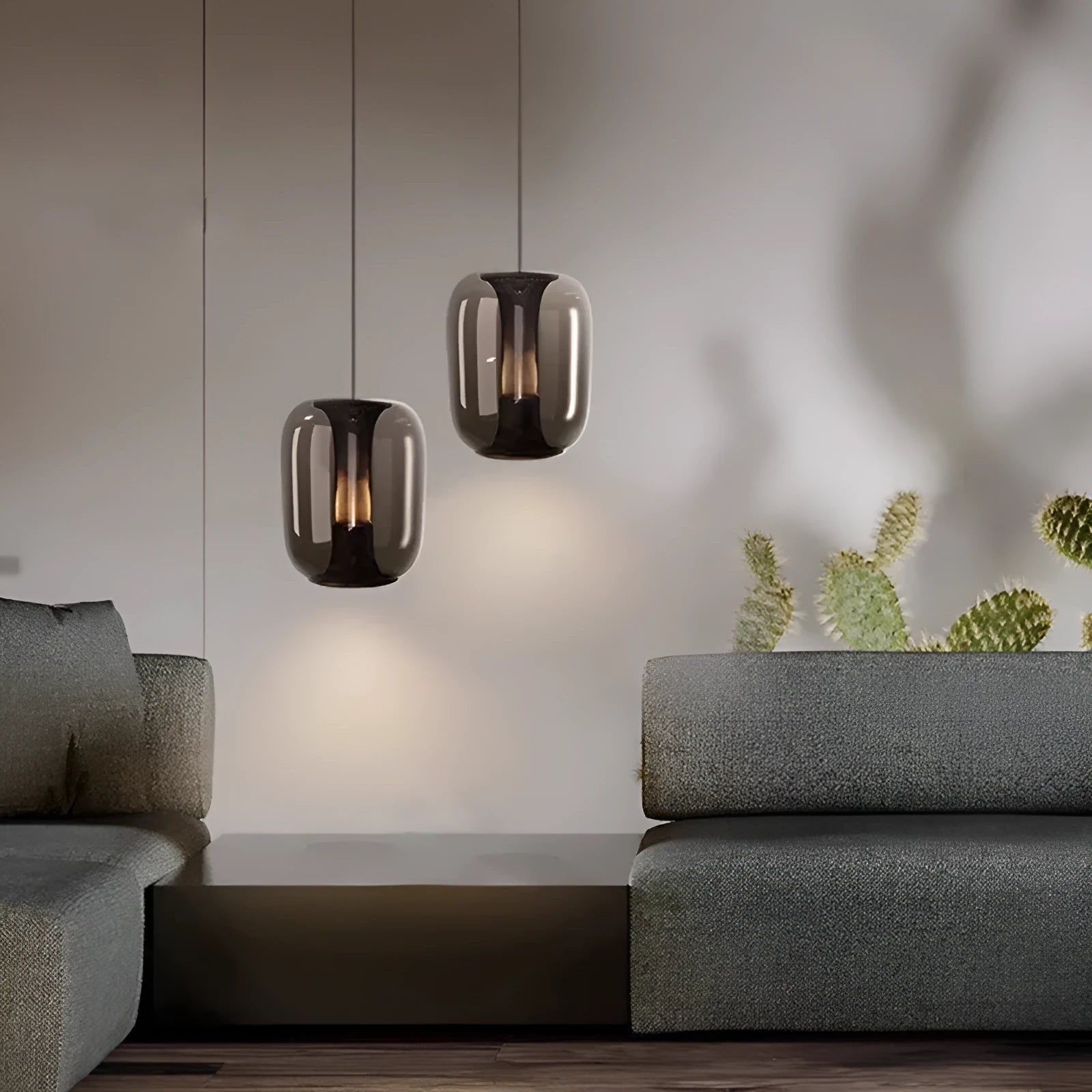 Minimalist geometric Nordic style chandelier ceiling light in clear, cognac and smoky grey colour options.
