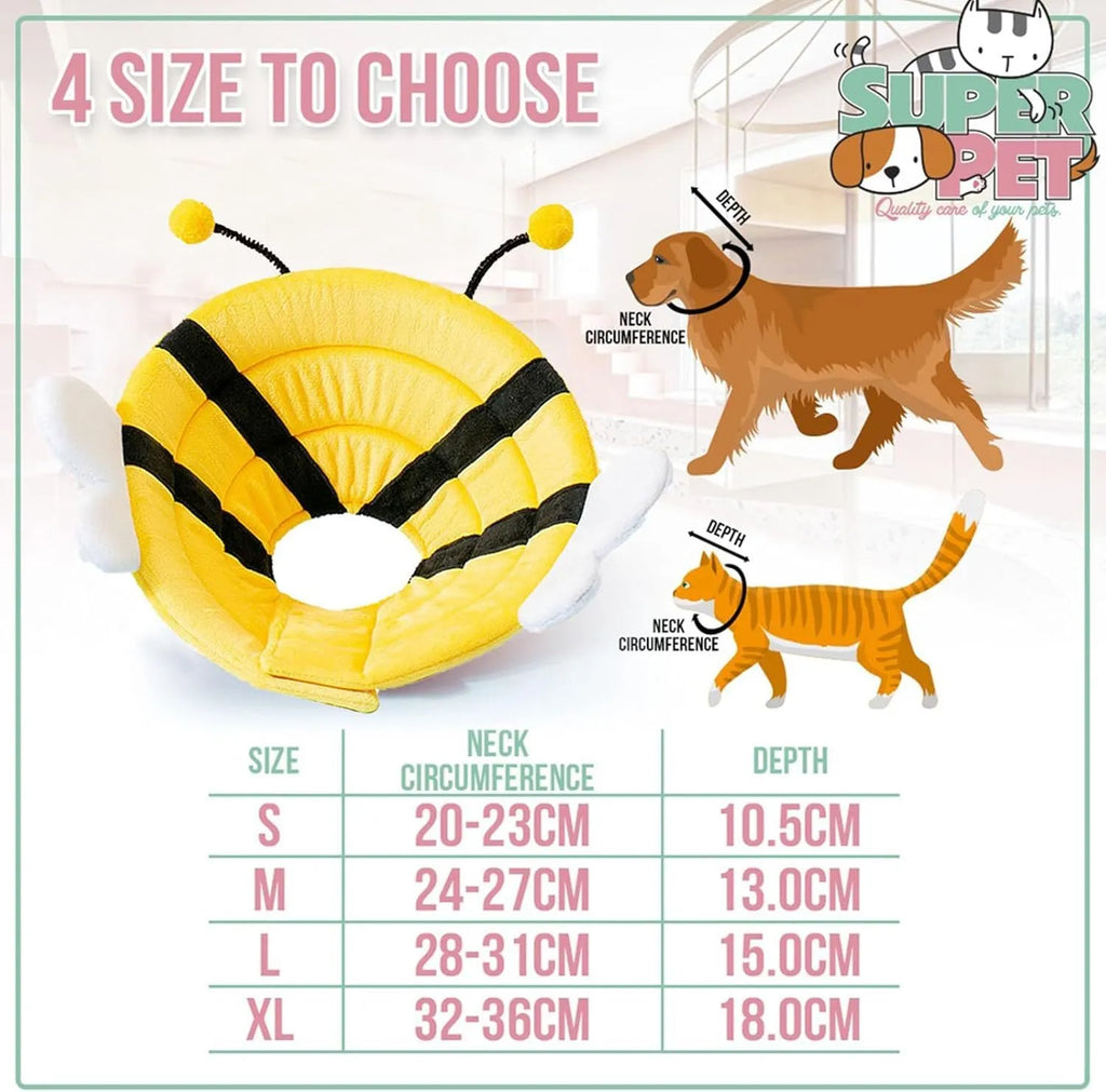 Soft bee design cat recovery cone collar with Velcro closure in four sizes