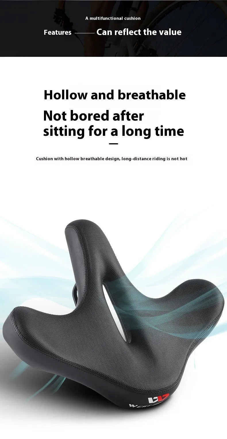Black bicycle seat cushion with leather surface and polyurethane foam interior for shock absorption