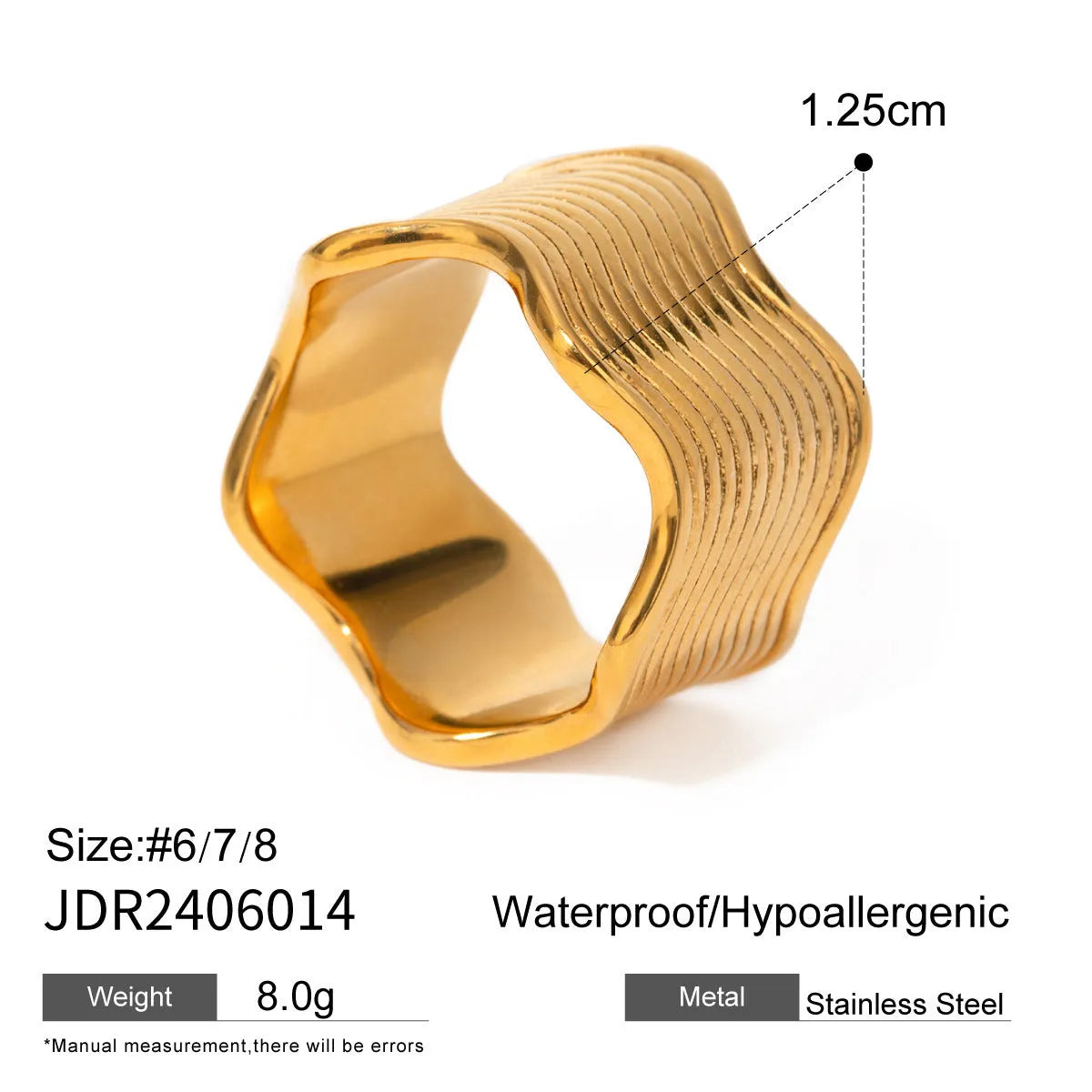 A stainless steel women's ring with a wide, geometric wave design in a Korean style.