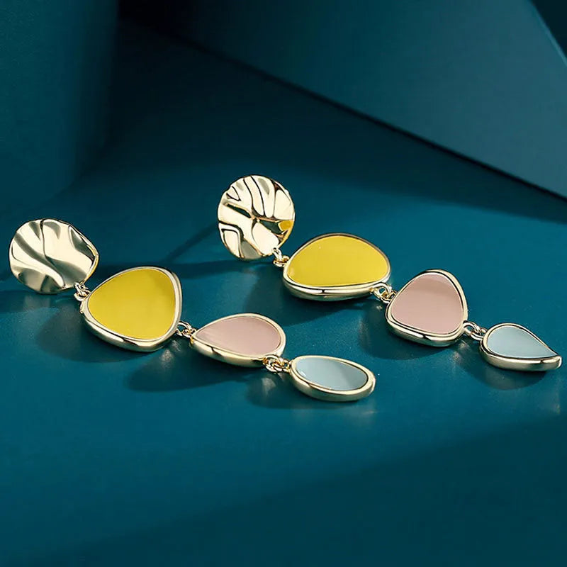 Sterling silver finish drop earrings with a Morandi three-colour oil-dripped wafer disc design.