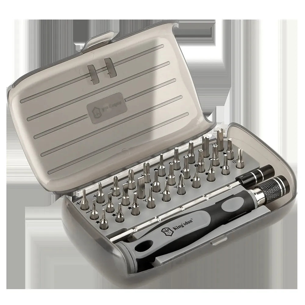 32-in-1 screwdriver set with 30 bits in a black plastic storage case, showing PH1 head and 50 mm bar.