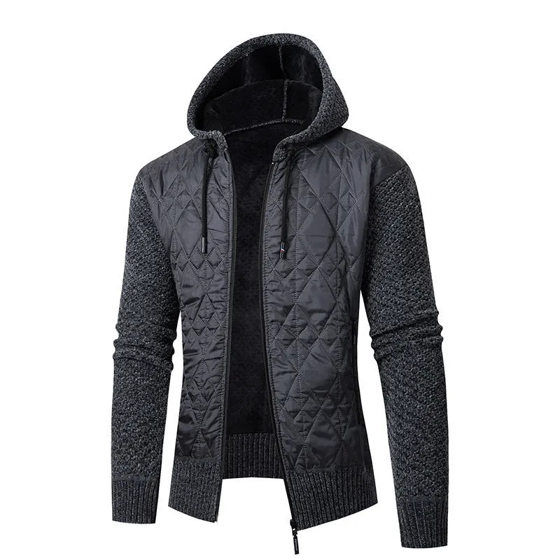 Men's grey corduroy hooded winter coat with cinched style on hanger