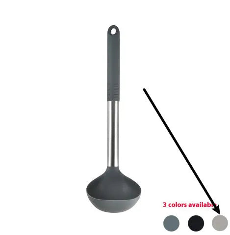 Black silicone 12-piece kitchen utensil set with rotating storage bucket including ladle, spatula, and food clip.