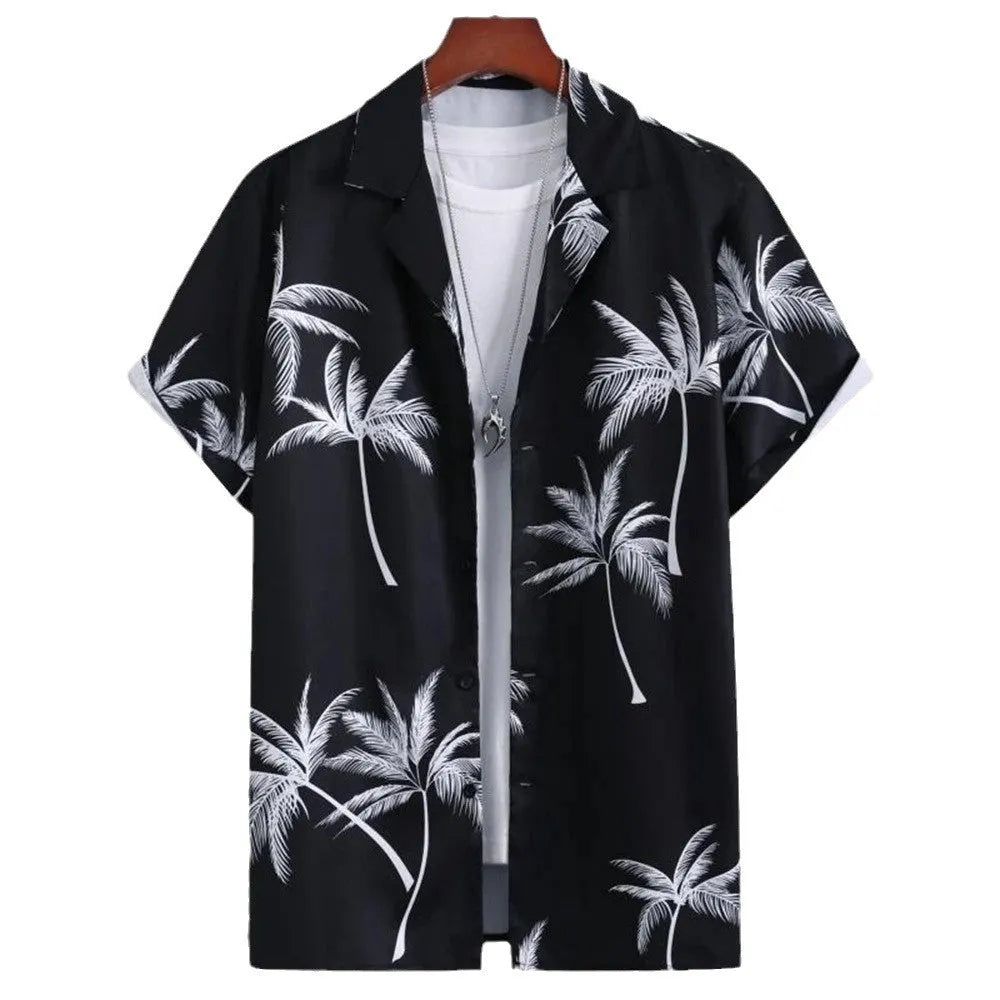 Men's loose fit camouflage pattern short sleeve cardigan shirt on a hanger.
