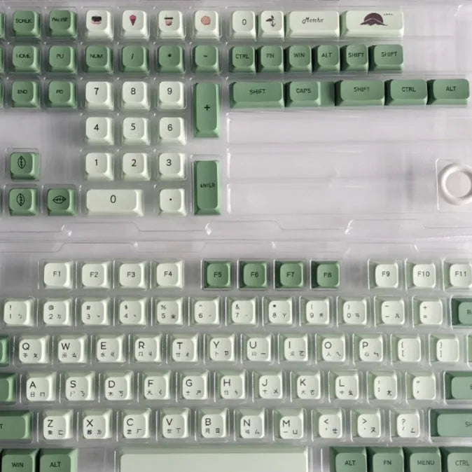 124 PBT keycaps in Matcha green colour arranged by language layout for mechanical keyboards