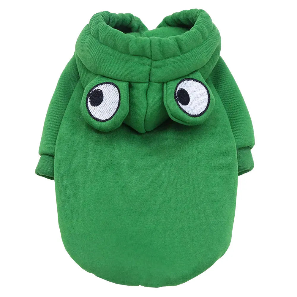 Green frog costume hoodie on a small dog, showing soft fabric and hoodie design for Halloween or autumn.