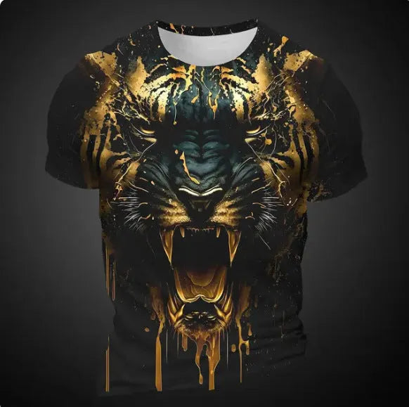 Men's grey T-shirt with detailed 3D tiger pattern print on front, short sleeves, pullover style