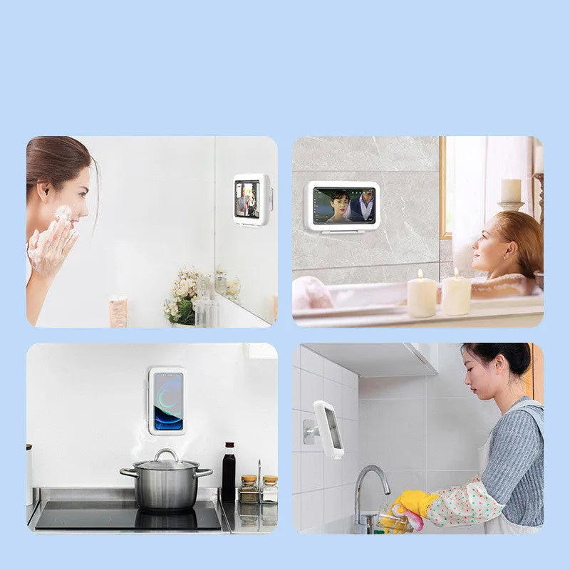 White waterproof phone holder mounted on bathroom tile with phone visible inside