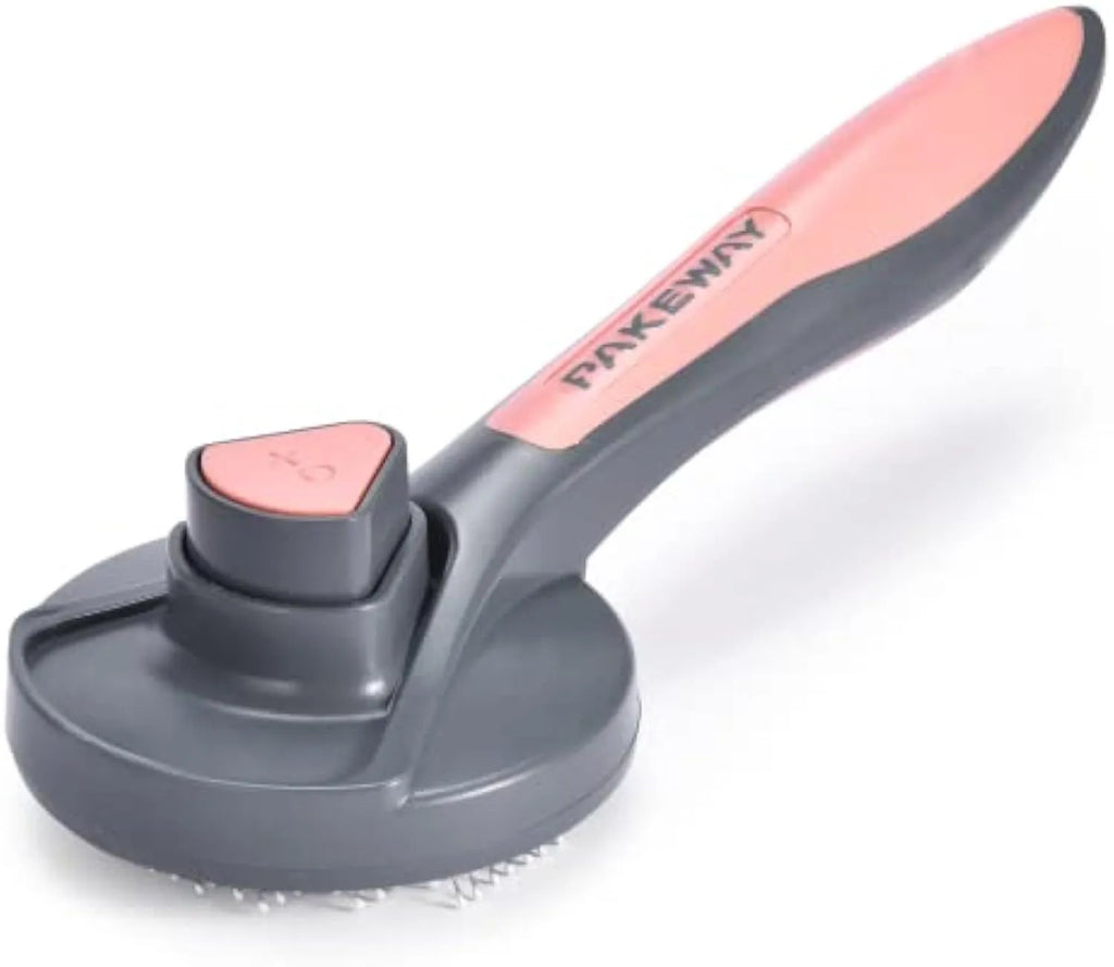 Grey self-cleaning slicker brush for pet grooming with ergonomic handle and one-click button.