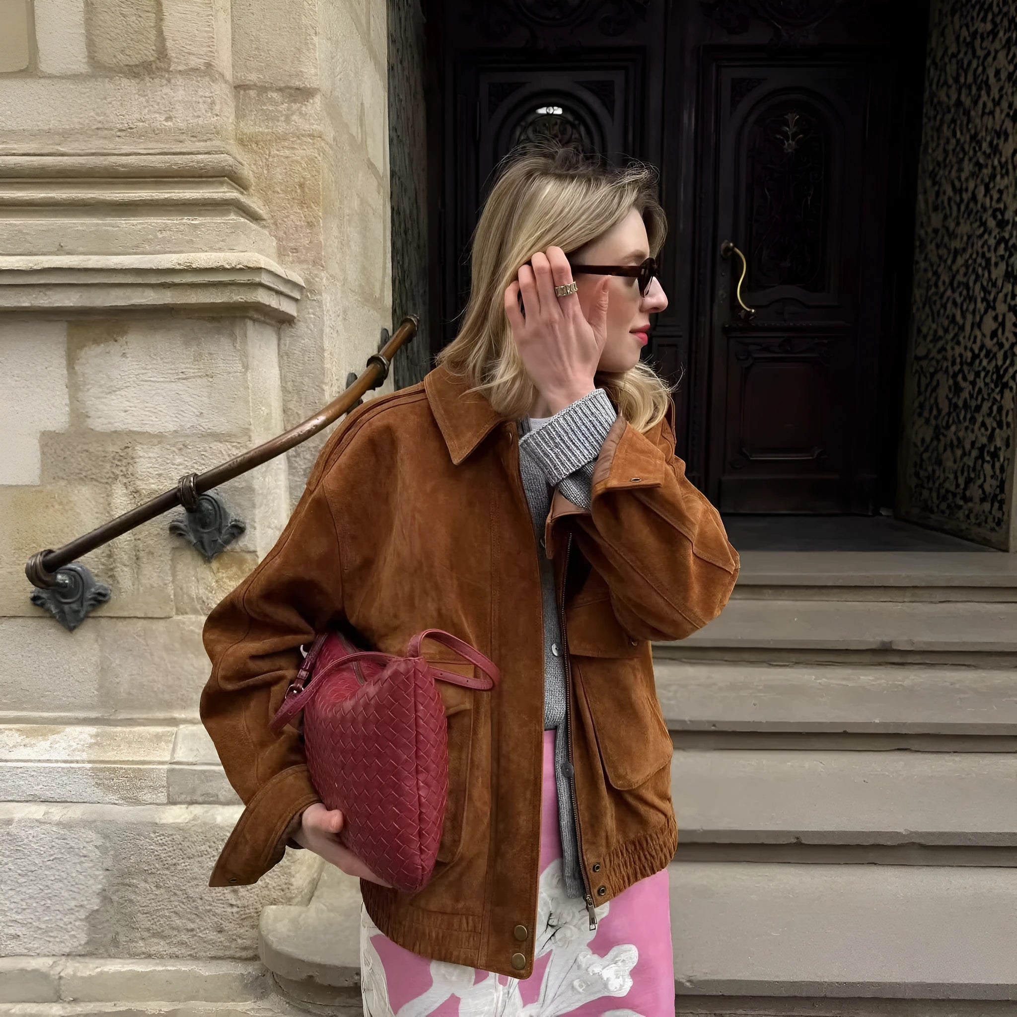 Suede texture pocket decoration spring autumn jacket in brown, long sleeve loose fit casual coat