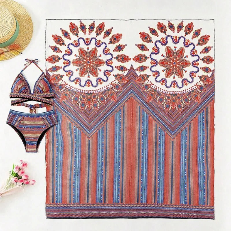 Women's three-piece swimsuit set with cutout blouse, high-waist briefs, and cover-up coat