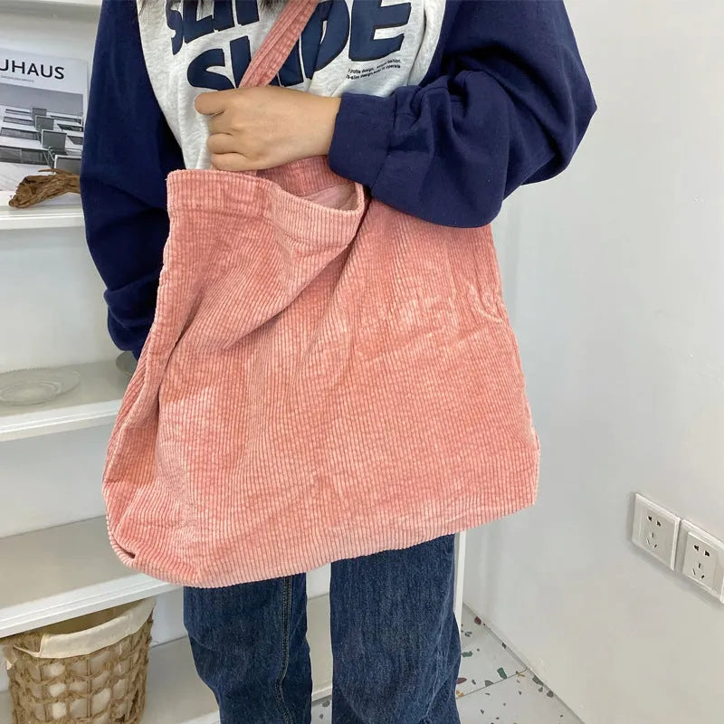 Large corduroy shoulder tote bag for women, 42x45cm, soft plush material, open top, pleated retro style in solid colour
