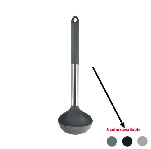 Black silicone 12-piece kitchen utensil set with rotating storage bucket including ladle, spatula, and food clip.