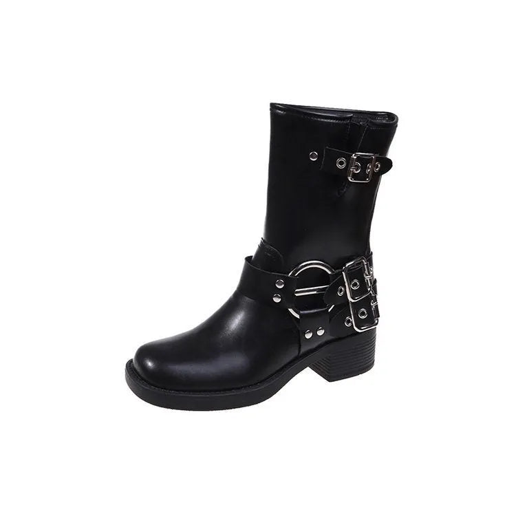 Women's black platform boots with a silver buckle detail at mid-calf height.