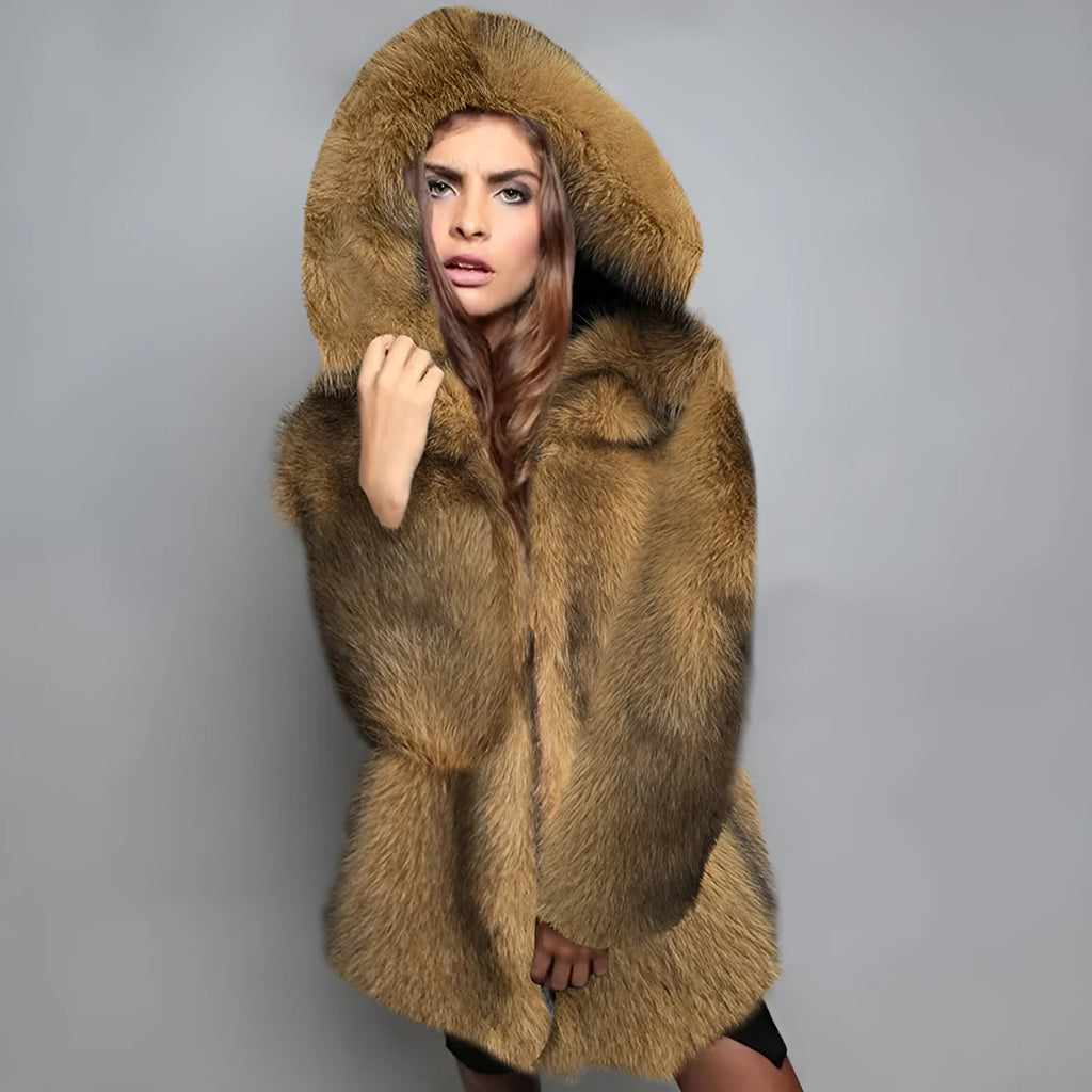 Women's silver grey artificial fur coat with a loose fit and mid-length 65cm silhouette.