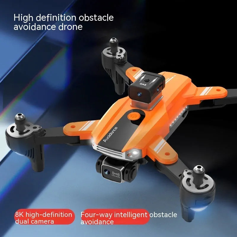 Orange quadcopter drone with four propellers and dual cameras showing obstacle avoidance sensors