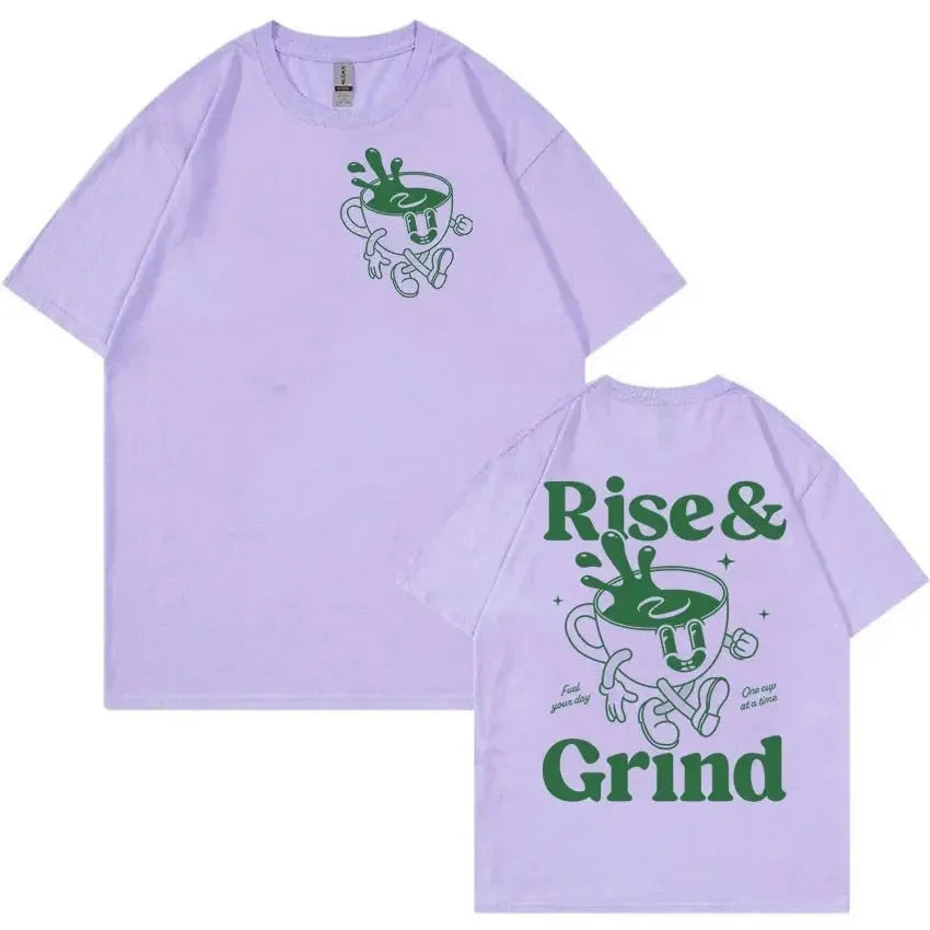 Men's black linen T-shirt with 'Rise And Grind Green Coffee' cartoon and text print in a loose fit