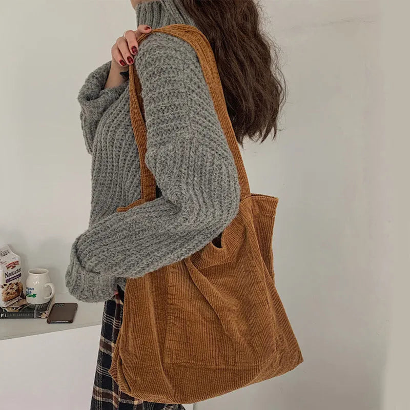 Large corduroy shoulder tote bag for women, 42x45cm, soft plush material, open top, pleated retro style in solid colour