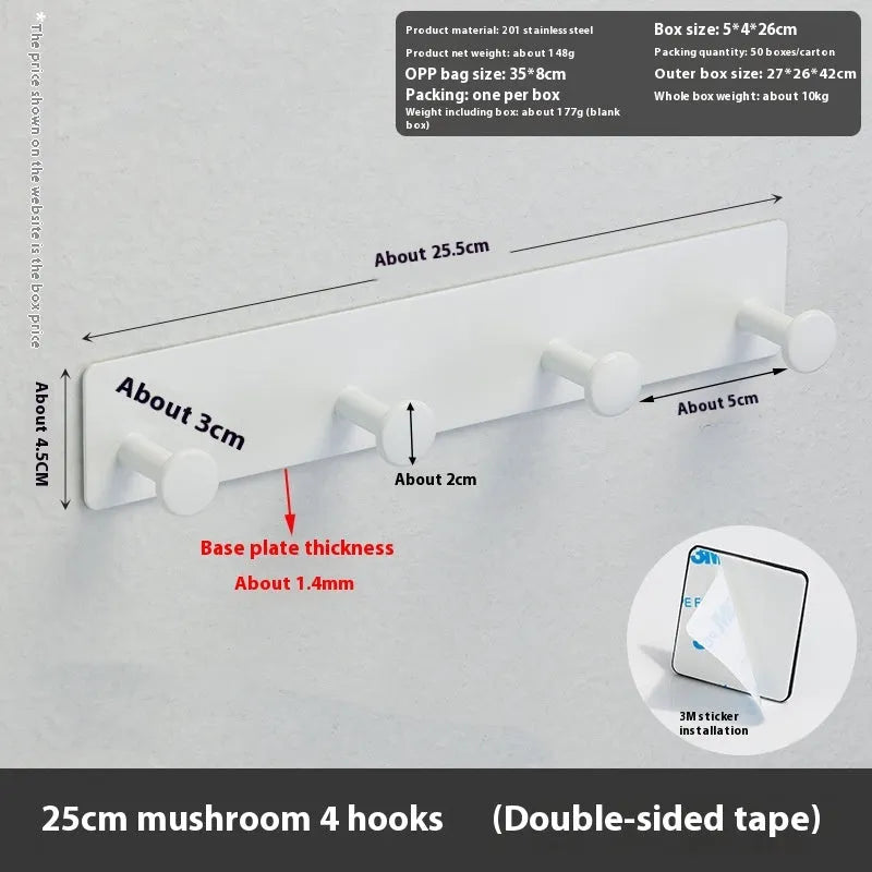Screwless punch-free wall hook with mushroom hooks for shower doors, white double-sided tape mounting