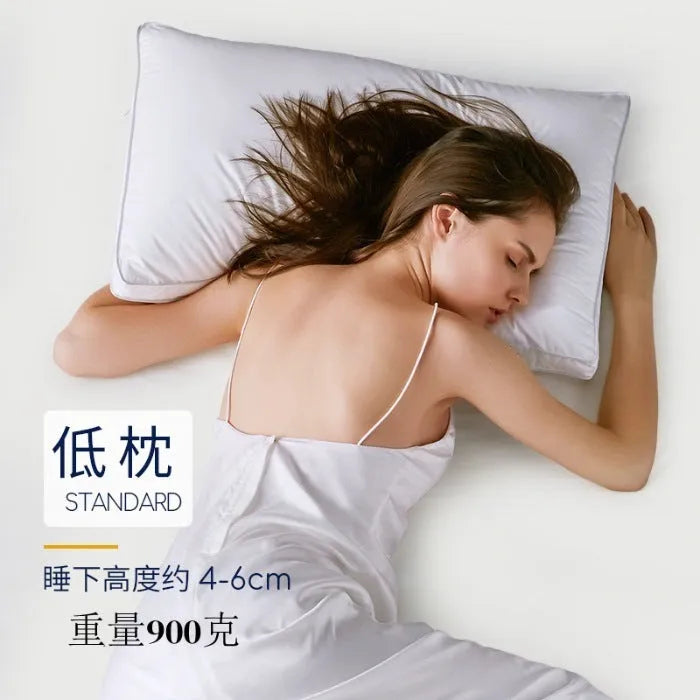 White cotton satin stripe pillow with a 2cm stripe, shown in low, medium, and high loft versions.