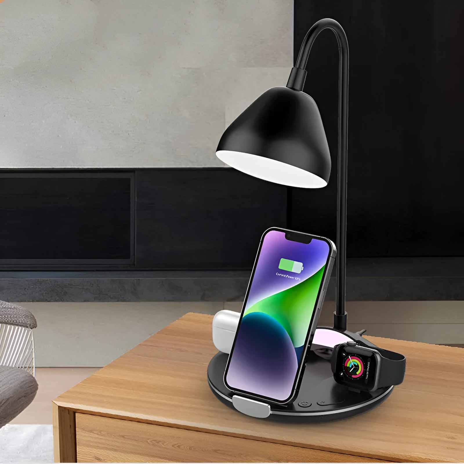 Black and white magnetic folding wireless charger showing extended and folded positions