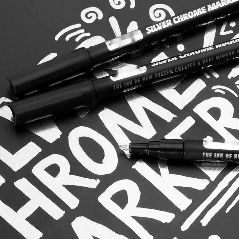 Waterproof mirror marker pen with plastic body, shown with 1mm and 2mm tip size options.